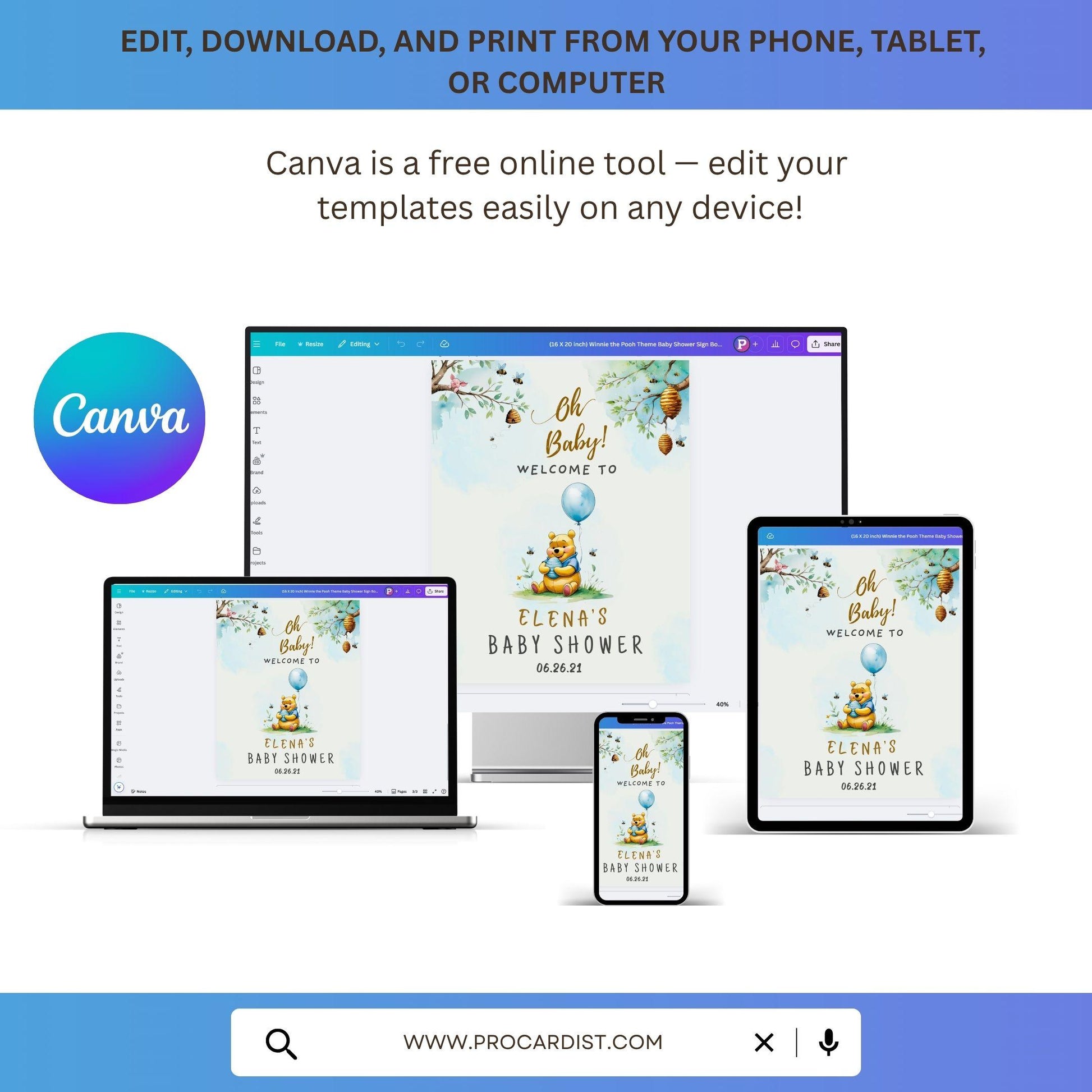 Editable Winnie the Pooh baby shower sign displayed on various devices for easy customization