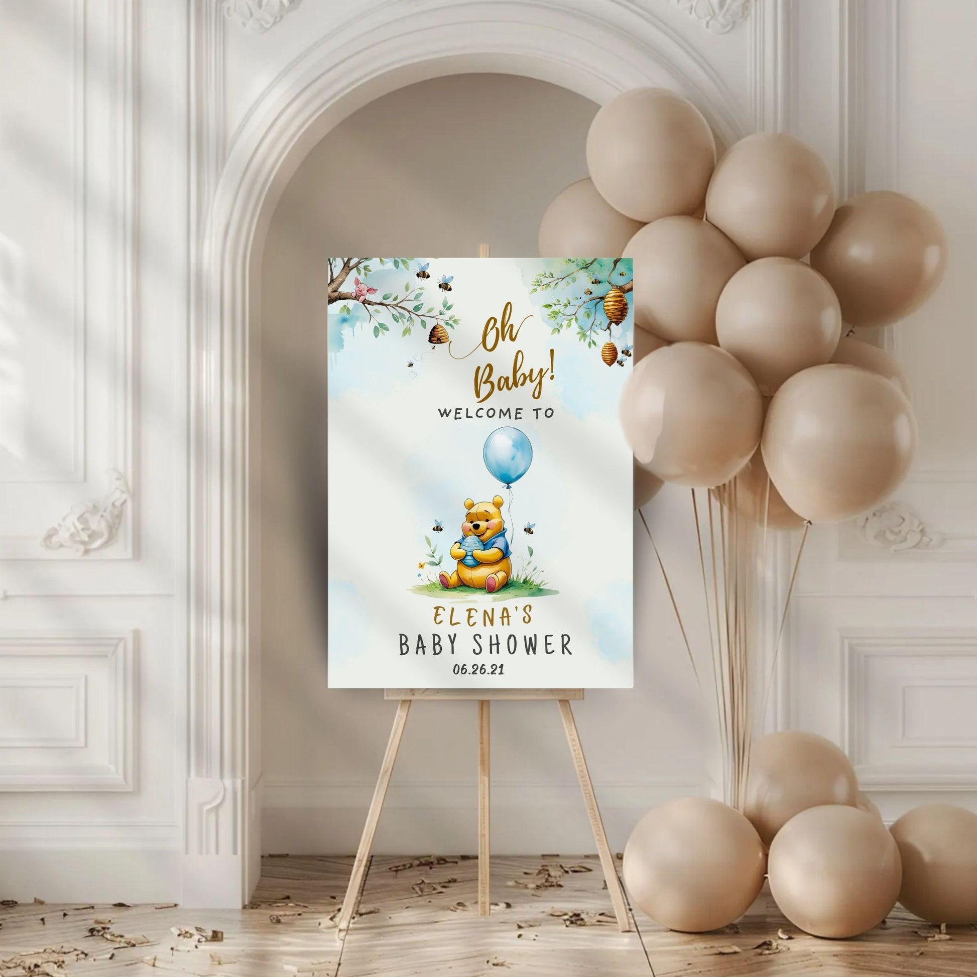 Editable Winnie the Pooh baby shower sign on various devices showcasing easy customization