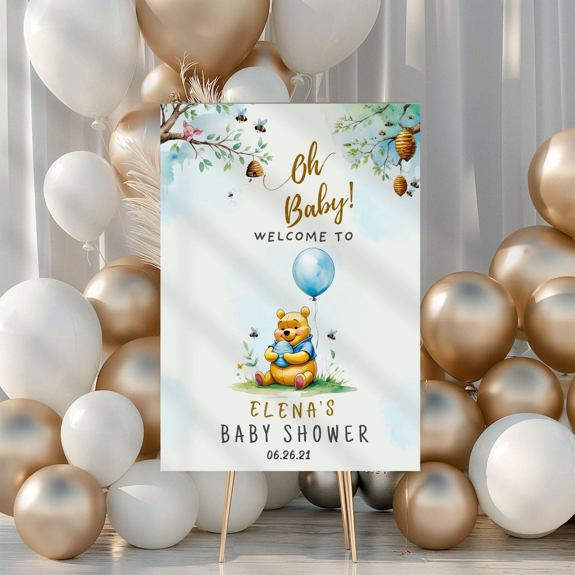 Winnie the Pooh baby shower sign featuring a bear and balloons, perfect for a warm welcome