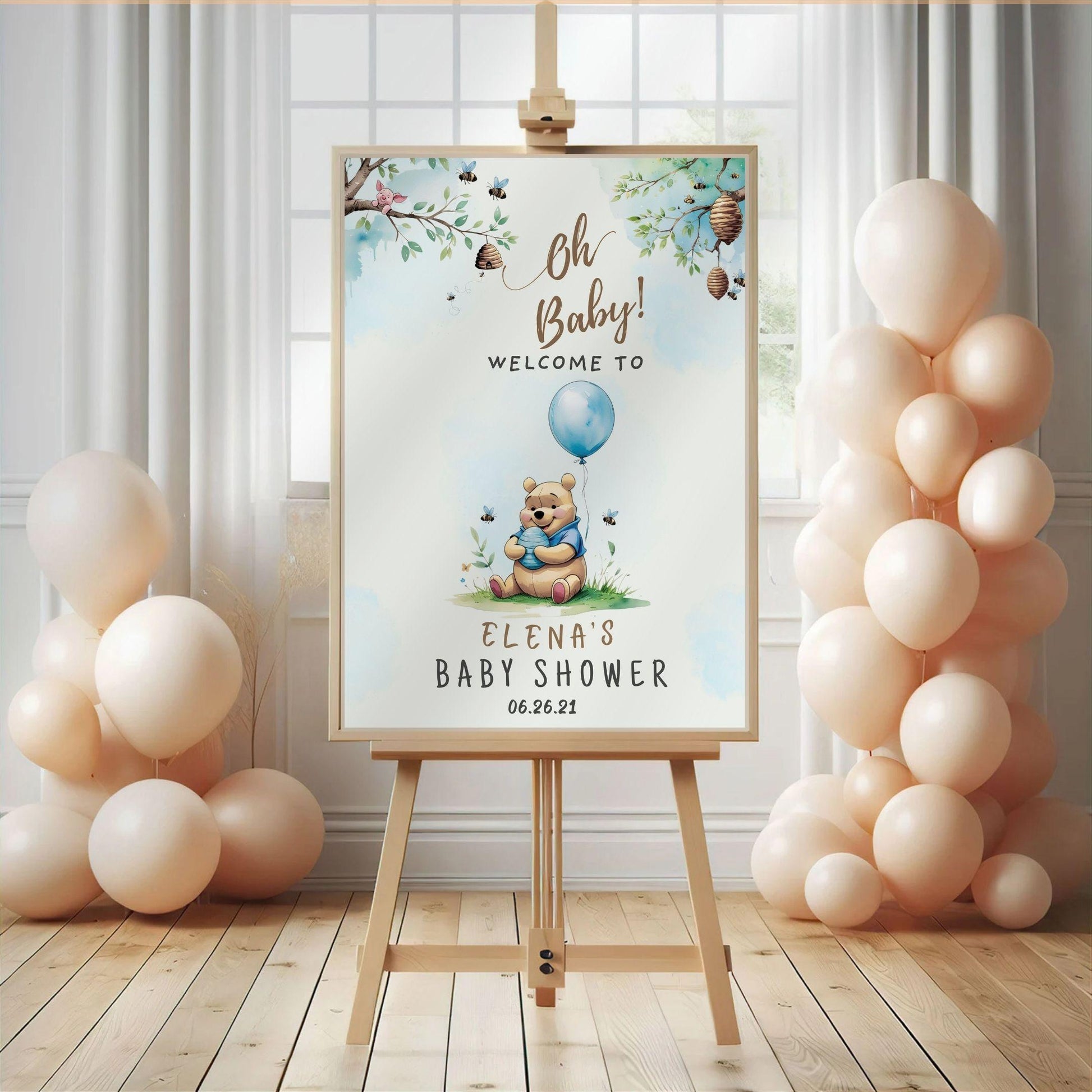 Editable Winnie the Pooh baby shower sign with floral design and personalized welcome message